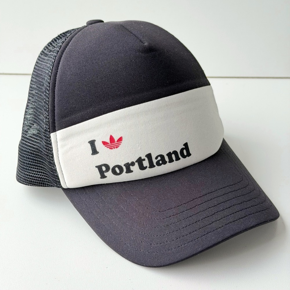 adidas I Love Portland Trefoil Trucker Hat Black White Retro Foam Mesh Snapback